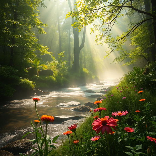 A serene landscape of a misty morning in a lush green forest, sunlight filtering through the leaves creating a magical atmosphere