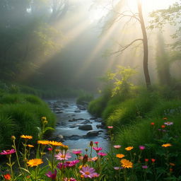 A serene landscape of a misty morning in a lush green forest, sunlight filtering through the leaves creating a magical atmosphere