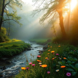 A serene landscape of a misty morning in a lush green forest, sunlight filtering through the leaves creating a magical atmosphere