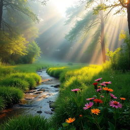 A serene landscape of a misty morning in a lush green forest, sunlight filtering through the leaves creating a magical atmosphere