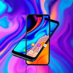 A vibrant and modern smartphone interface featuring a sleek design, with a colorful abstract background and various app icons displayed sharply