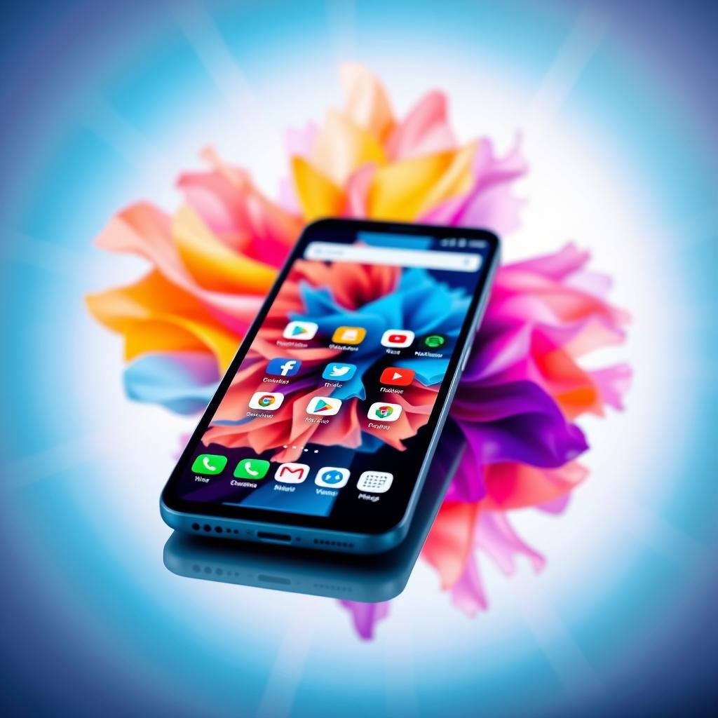 A vibrant and modern smartphone interface featuring a sleek design, with a colorful abstract background and various app icons displayed sharply