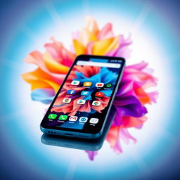 A vibrant and modern smartphone interface featuring a sleek design, with a colorful abstract background and various app icons displayed sharply