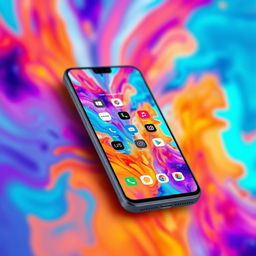 A vibrant and modern smartphone interface featuring a sleek design, with a colorful abstract background and various app icons displayed sharply