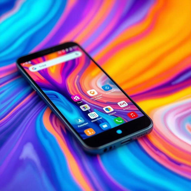 A vibrant and modern smartphone interface featuring a sleek design, with a colorful abstract background and various app icons displayed sharply