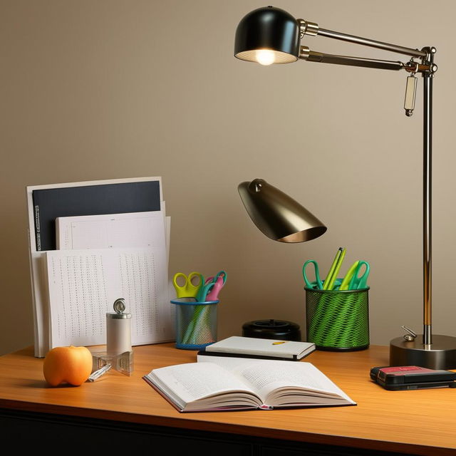 A well-organized study table with a book, a lamp, and stationery