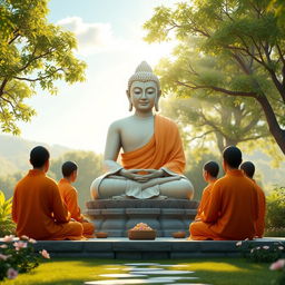 A 3D rendering of Lord Buddha, portrayed as a serene and peaceful figure, teaching a group of attentive monks
