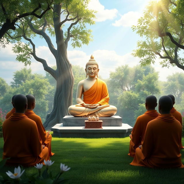 A 3D rendering of Lord Buddha, portrayed as a serene and peaceful figure, teaching a group of attentive monks