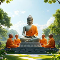 A 3D rendering of Lord Buddha, portrayed as a serene and peaceful figure, teaching a group of attentive monks