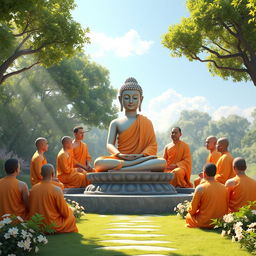 A 3D rendering of Lord Buddha, portrayed as a serene and peaceful figure, teaching a group of attentive monks