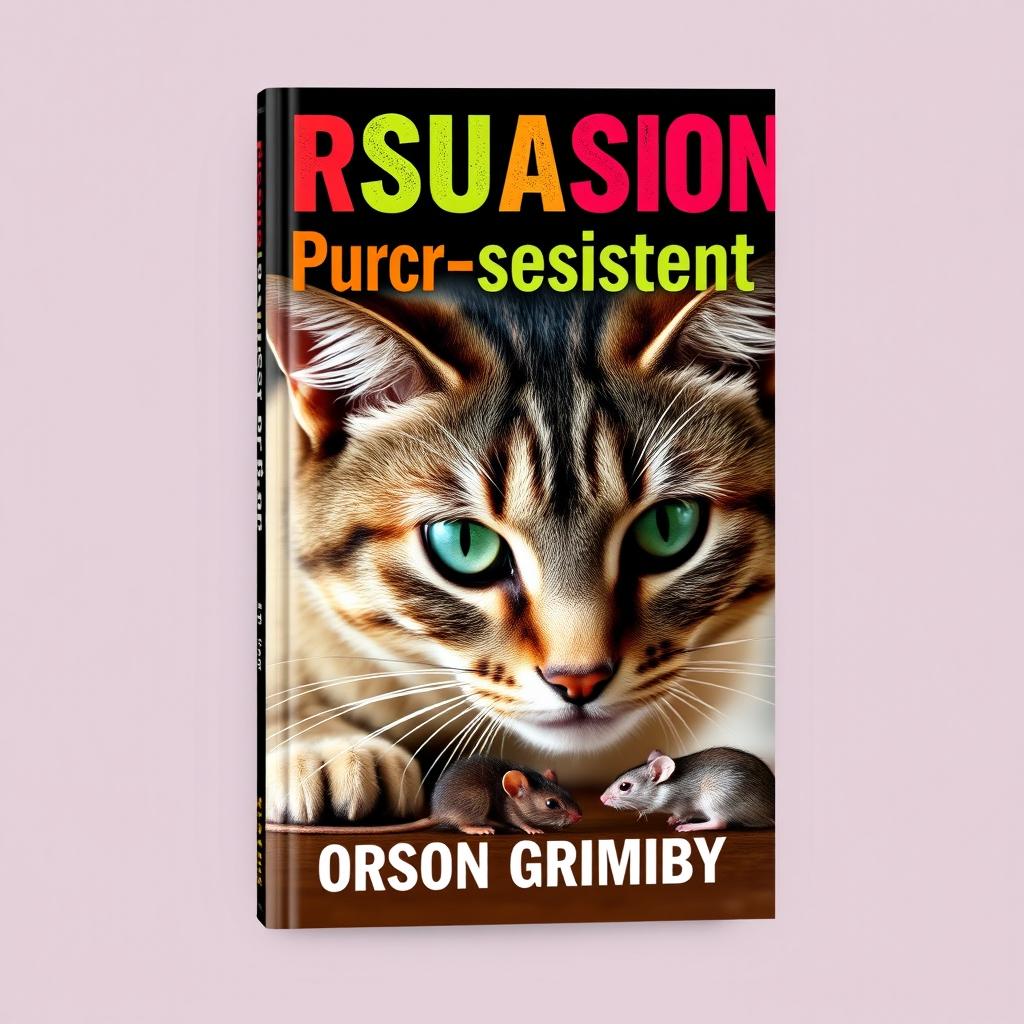 A book cover design featuring a large, bold title 'Persuasion Purr-sistence' in vibrant and contrasting colors, positioned prominently at the top