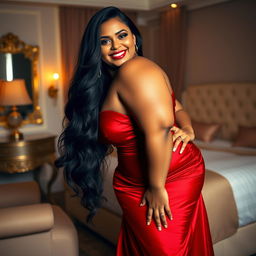 A stunning SSBBW (Super Size Big Beautiful Woman) posing confidently in a luxurious bedroom setting