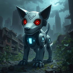 A realistic anime-style depiction of a dog-like robot with blue lights glowing from its body and striking red eyes