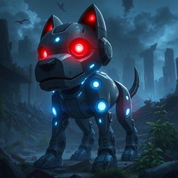 A realistic anime-style depiction of a dog-like robot with blue lights glowing from its body and striking red eyes