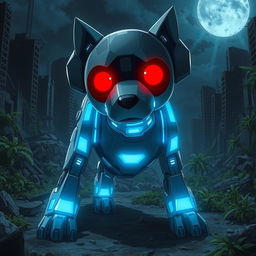 A realistic anime-style depiction of a dog-like robot with blue lights glowing from its body and striking red eyes