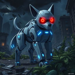 A realistic anime-style depiction of a dog-like robot with blue lights glowing from its body and striking red eyes