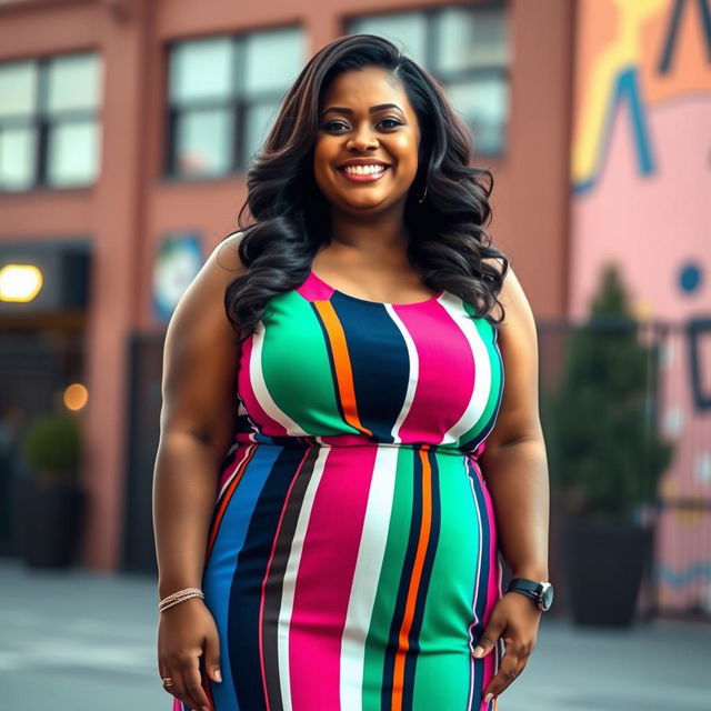 A confident and beautiful super-sized woman (SSBBW) with lush curves, wearing a stylish, colorful dress that complements her figure