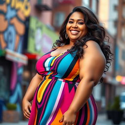 A confident and beautiful super-sized woman (SSBBW) with lush curves, wearing a stylish, colorful dress that complements her figure