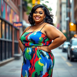 A confident and beautiful super-sized woman (SSBBW) with lush curves, wearing a stylish, colorful dress that complements her figure