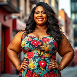 A confident and beautiful super-sized woman (SSBBW) with lush curves, wearing a stylish, colorful dress that complements her figure