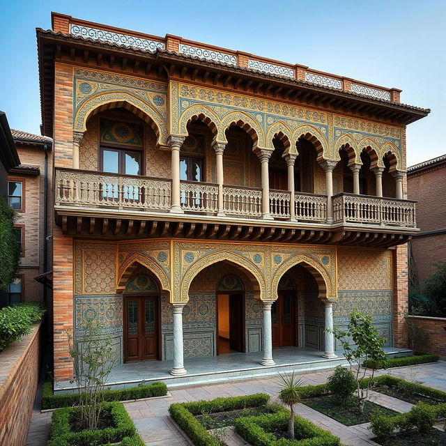 An exterior view of a residential building designed in the Safavid architectural style, featuring intricate patterned tile work in shades of gold and blue, with the use of traditional brick construction