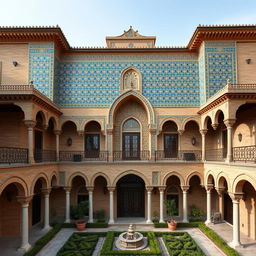 An exterior view of a residential building designed in the Safavid architectural style, featuring intricate patterned tile work in shades of gold and blue, with the use of traditional brick construction