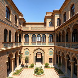 An exterior view of a residential building designed in the Safavid architectural style, featuring intricate patterned tile work in shades of gold and blue, with the use of traditional brick construction