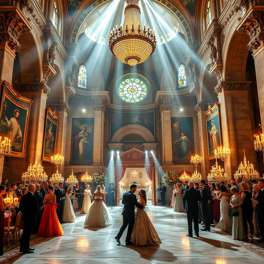 A grand and enchanting royal ball taking place inside the majestic Church of the Nativity in Bethlehem
