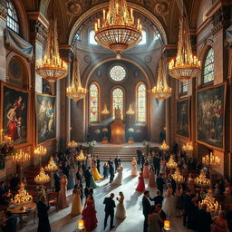 A grand and enchanting royal ball taking place inside the majestic Church of the Nativity in Bethlehem