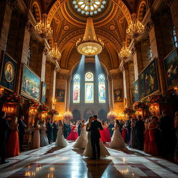 A grand and enchanting royal ball taking place inside the majestic Church of the Nativity in Bethlehem