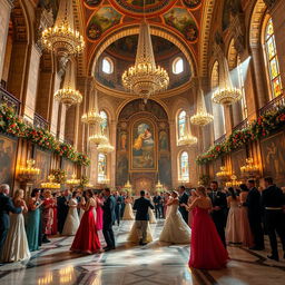 A grand and enchanting royal ball taking place inside the majestic Church of the Nativity in Bethlehem