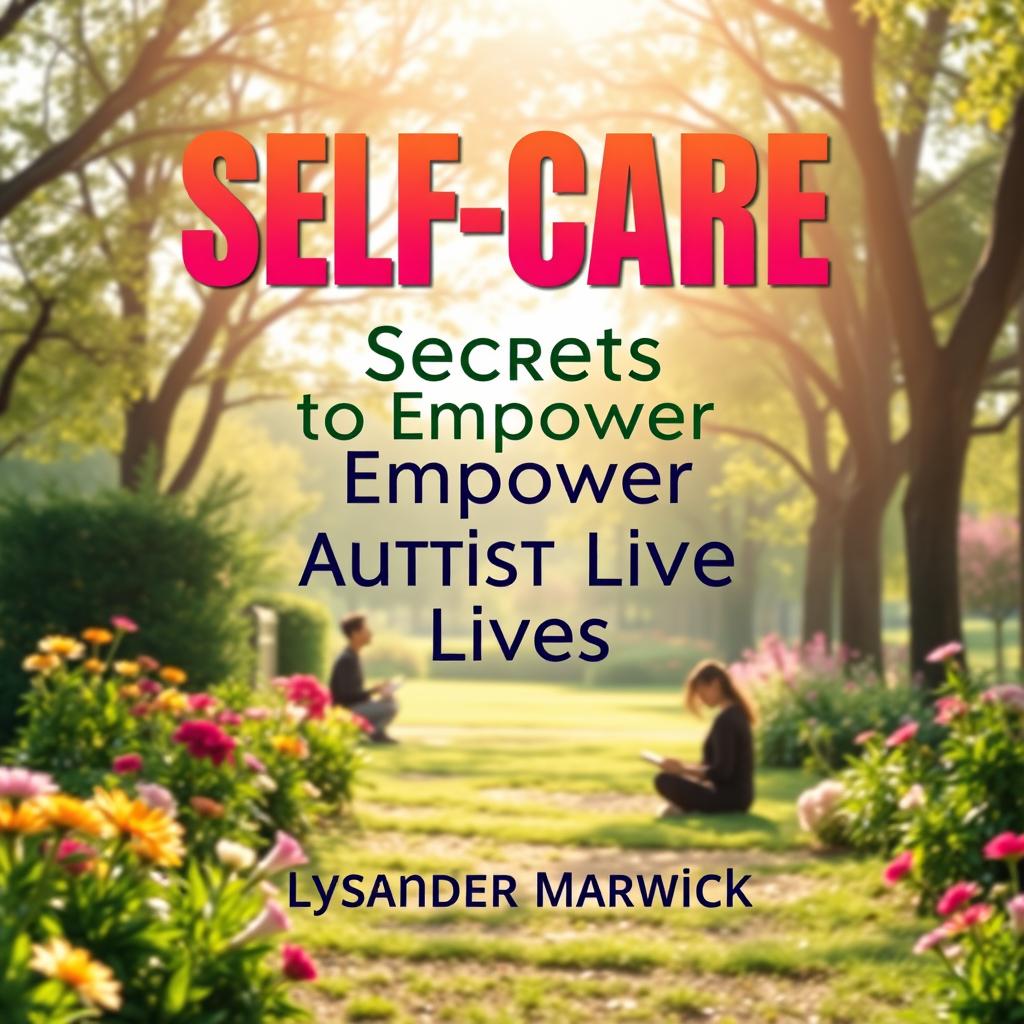 A flat cover design for a book titled 'SELF-CARE Secrets to Empower Autistic Lives' by author Lysander Marwick, set in a realistic, serene environment