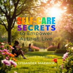 A flat cover design for a book titled 'SELF-CARE Secrets to Empower Autistic Lives' by author Lysander Marwick, set in a realistic, serene environment