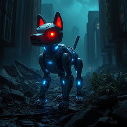 A dog-like, animalistic robot with blue lights glowing from its mechanical body and vibrant red eyes