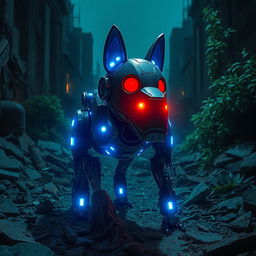 A dog-like, animalistic robot with blue lights glowing from its mechanical body and vibrant red eyes
