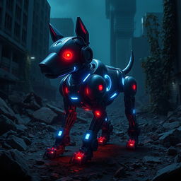 A dog-like, animalistic robot with blue lights glowing from its mechanical body and vibrant red eyes