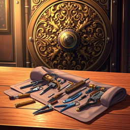 A beautifully illustrated anime-style scene depicting a set of thieves' tools laid out in a soft fabric case, which is unrolled on a wooden table