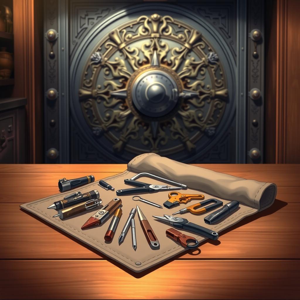 A beautifully illustrated anime-style scene depicting a set of thieves' tools laid out in a soft fabric case, which is unrolled on a wooden table