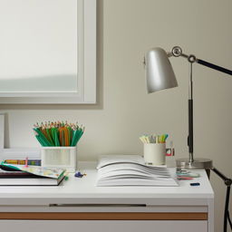 A well-organized study table with a book, a lamp, and stationery