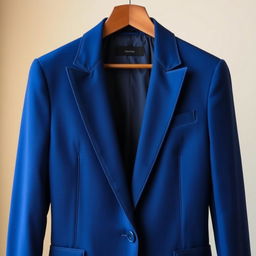 A stylish blue blazer elegantly tailored, featuring a single-breasted design with sharp lapels and a modern fit