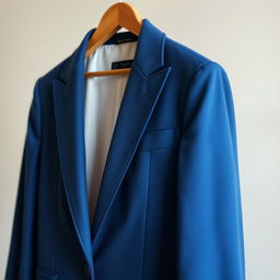 A stylish blue blazer elegantly tailored, featuring a single-breasted design with sharp lapels and a modern fit