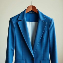 A stylish blue blazer elegantly tailored, featuring a single-breasted design with sharp lapels and a modern fit