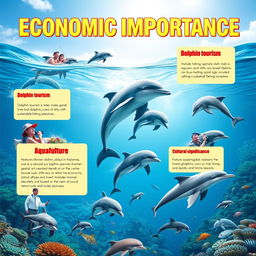 A vibrant, educational poster showcasing the economic importance of dolphins, illustrating various aspects such as dolphin tourism with tourists joyfully swimming with dolphins in crystal-clear waters