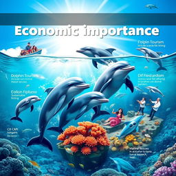 A vibrant, educational poster showcasing the economic importance of dolphins, illustrating various aspects such as dolphin tourism with tourists joyfully swimming with dolphins in crystal-clear waters