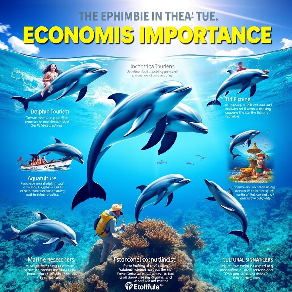 A vibrant, educational poster showcasing the economic importance of dolphins, illustrating various aspects such as dolphin tourism with tourists joyfully swimming with dolphins in crystal-clear waters