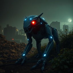 An animalistic robot with glowing blue lights and red eyes, set against a backdrop of a dark, destroyed city at night