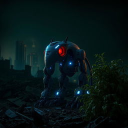 An animalistic robot with glowing blue lights and red eyes, set against a backdrop of a dark, destroyed city at night