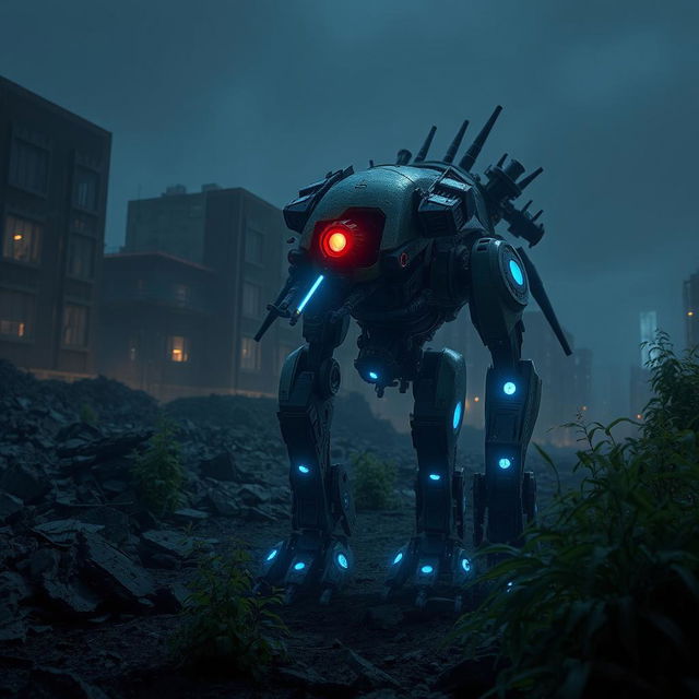 An animalistic robot with glowing blue lights and red eyes, set against a backdrop of a dark, destroyed city at night