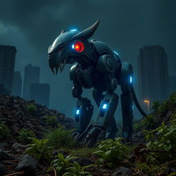 An animalistic robot with glowing blue lights and red eyes, set against a backdrop of a dark, destroyed city at night