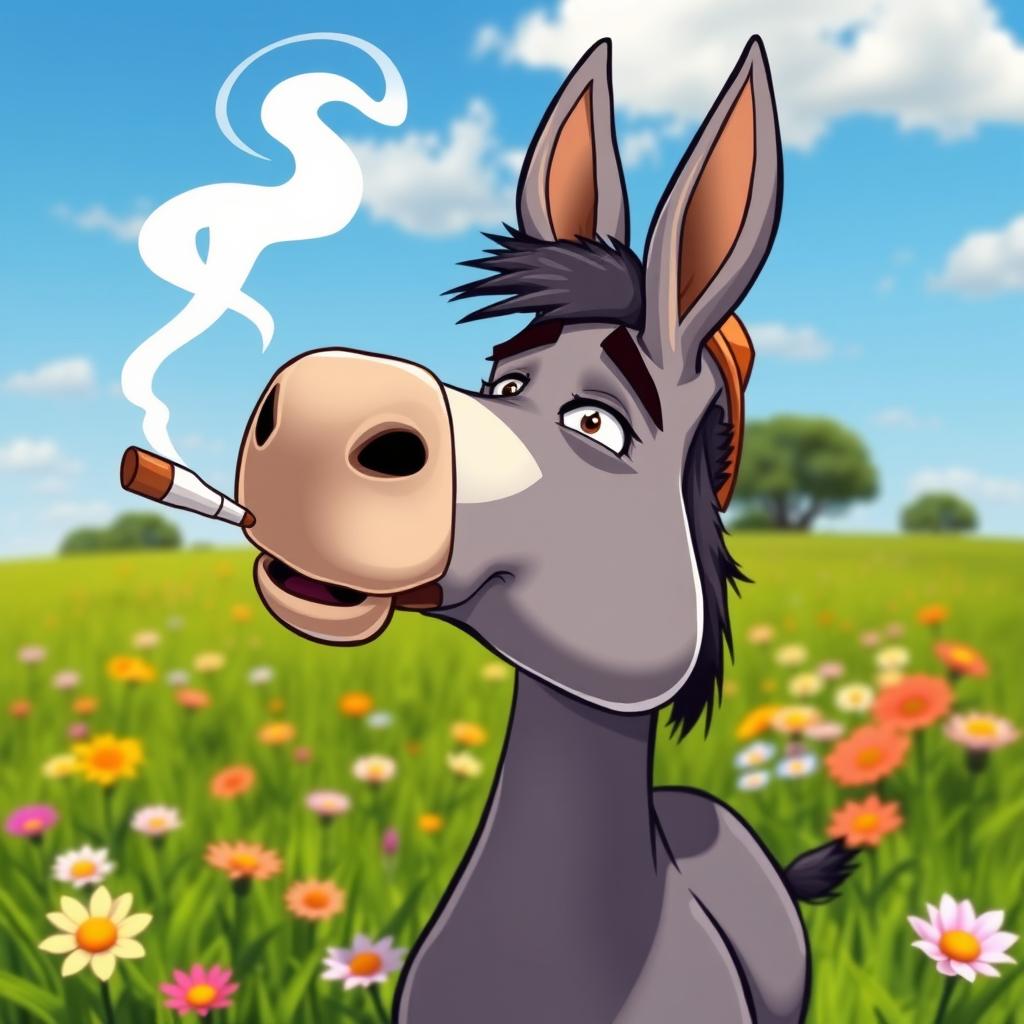 A comical scene featuring a cartoonish donkey smoking a cigarette